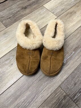 UGG Chestnut Suede Slip-On Slippers with Cream Shearling Cuff